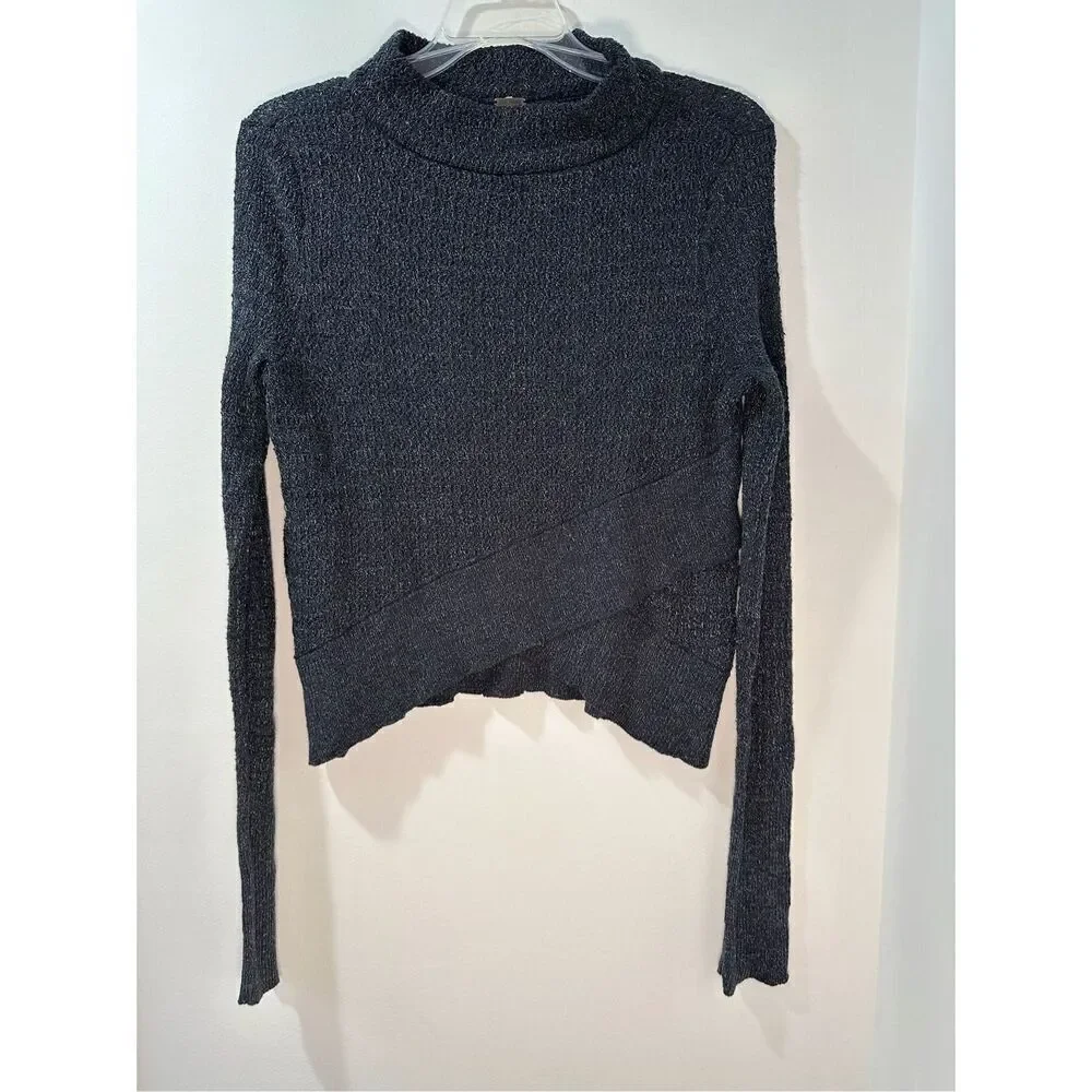 Free People Crop gray linen blend long sleeve mock neck sweater size XS #44-1733